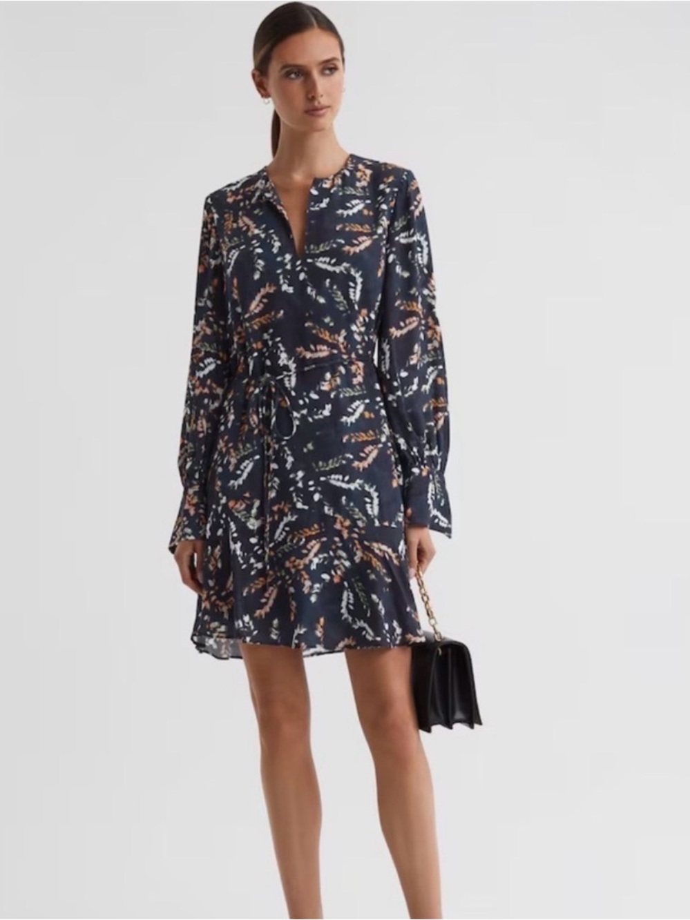 Reiss Navy Floral Long-Sleeve Tie-Waist Dress
